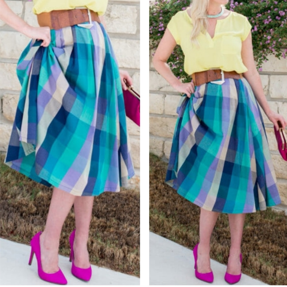 Shabby Apple Aqua Blue & Purple Checked Plaid Fit & Flare‎ Midi Skirt Size 8